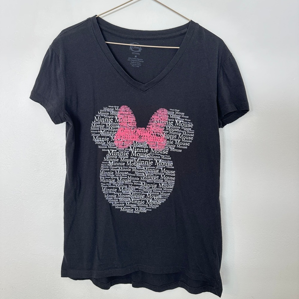 Disney Minnie Mouse Womens Medium Black V Neck Graphic Tee Pink Bow Shirt